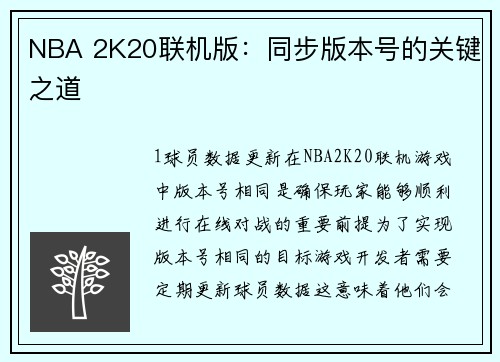 NBA 2K20联机版：同步版本号的关键之道