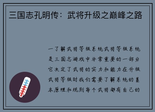 三国志孔明传：武将升级之巅峰之路